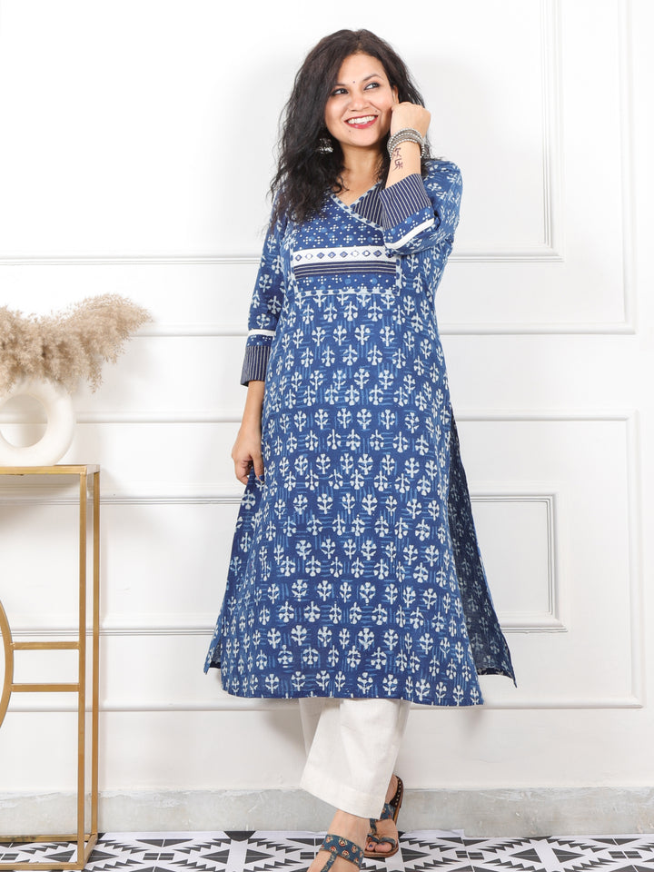 Suhana Royal Indigo Angrakha Style In Dabu Printed Cotton Kurti