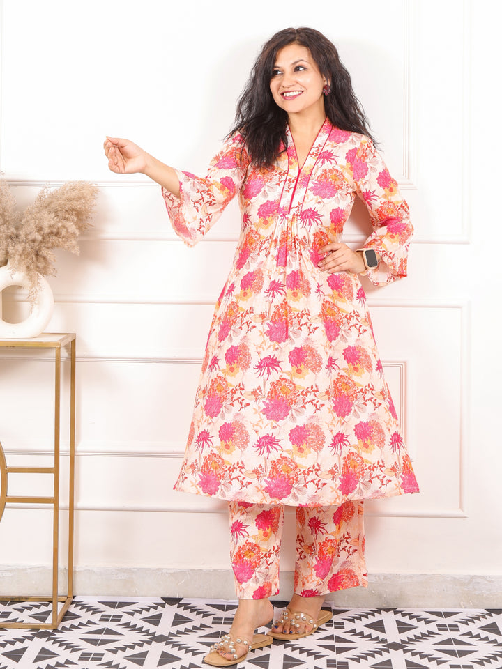 Kinara Beige With Pink Floral Printed Pure Muslin Co-ord Set