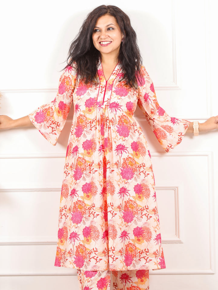 Kinara Beige With Pink Floral Printed Pure Muslin Co-ord Set