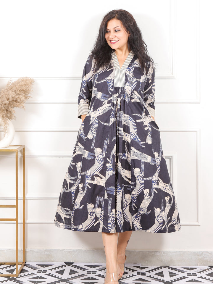 Kinara Sable Black Egyptian Printed Cotton Flared Dress