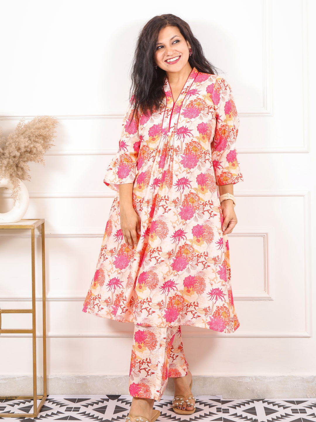 Kinara Beige With Pink Floral Printed Pure Muslin Co-ord Set