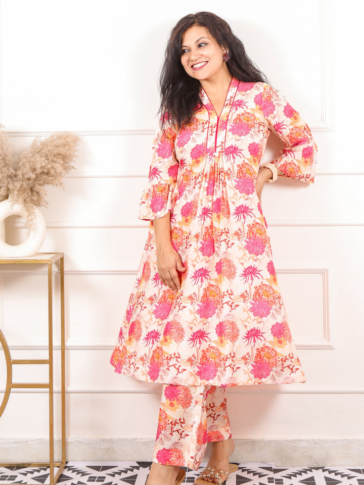 Kinara Beige With Pink Floral Printed Pure Muslin Co-ord Set