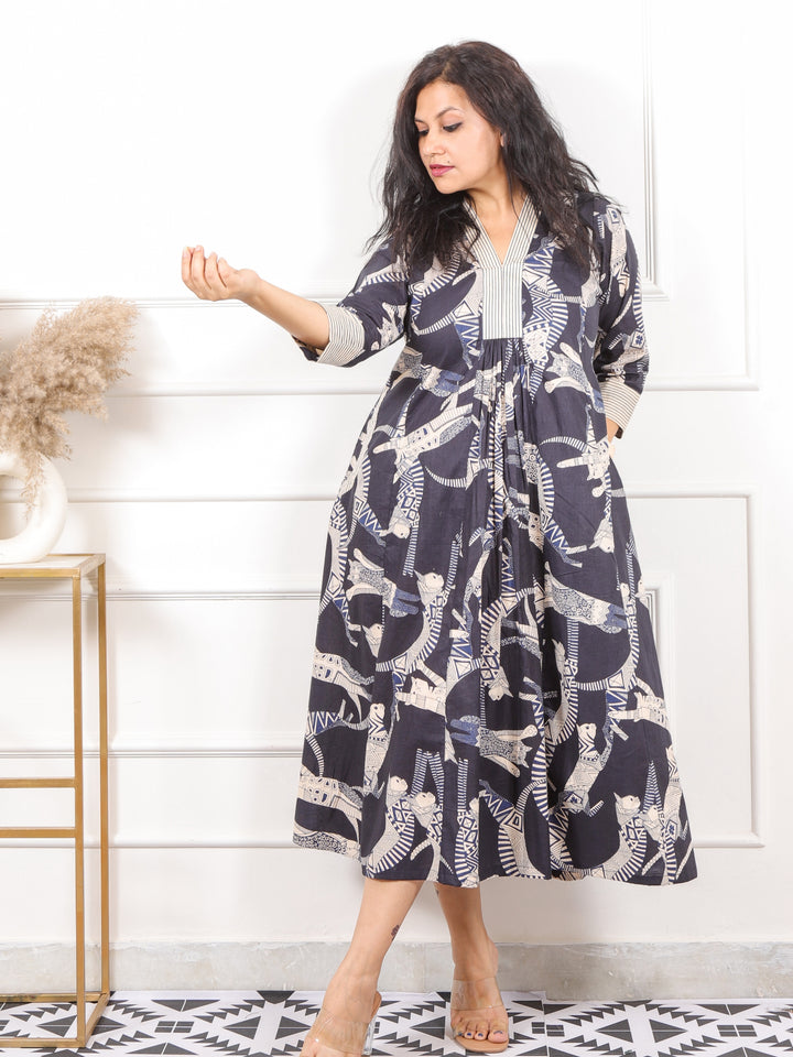 Kinara Sable Black Egyptian Printed Cotton Flared Dress