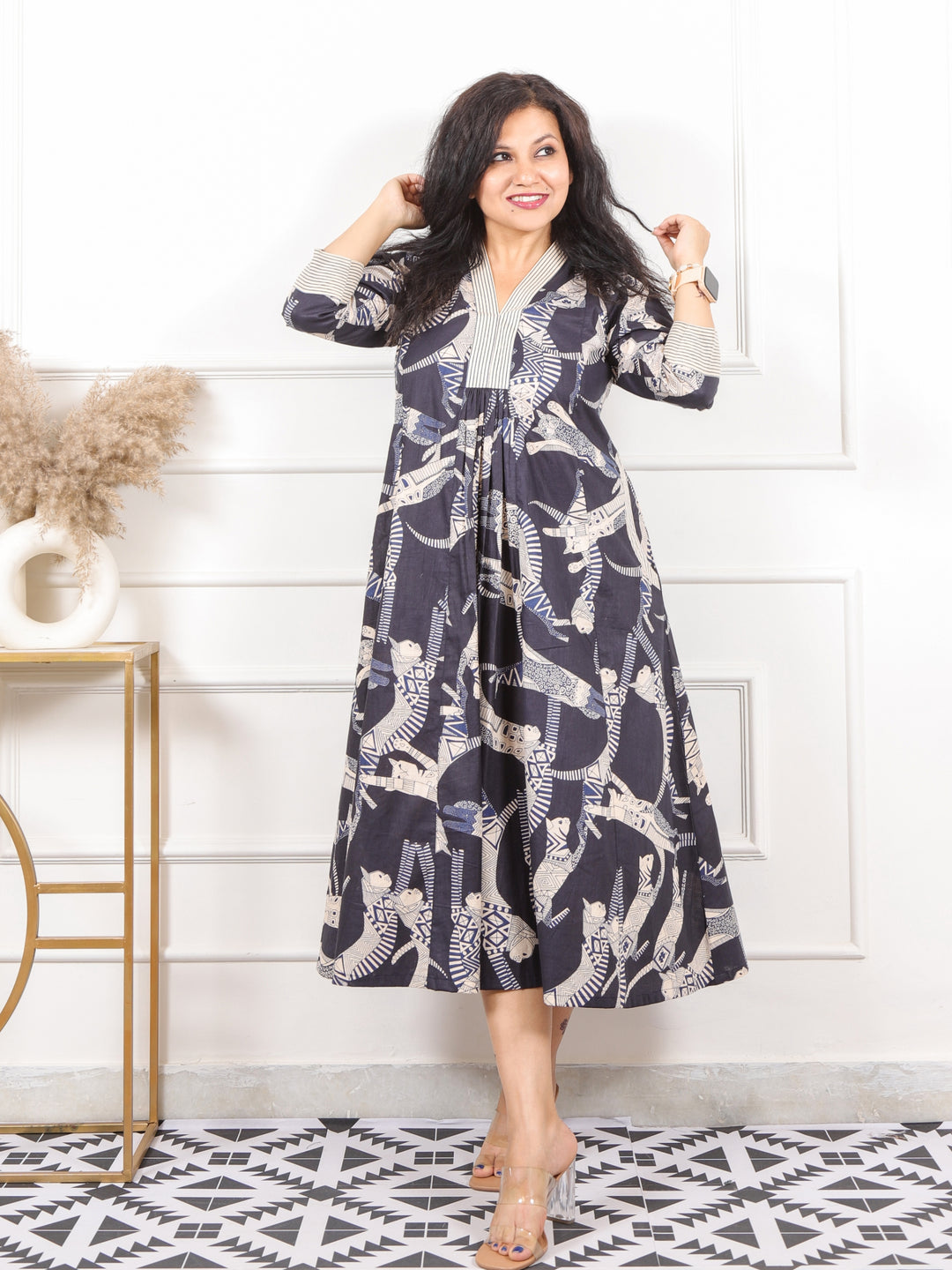 Kinara Sable Black Egyptian Printed Cotton Flared Dress