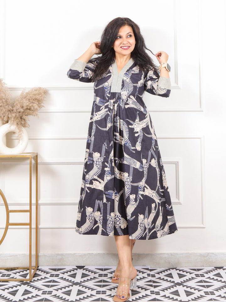 Kinara Sable Black Egyptian Printed Cotton Flared Dress