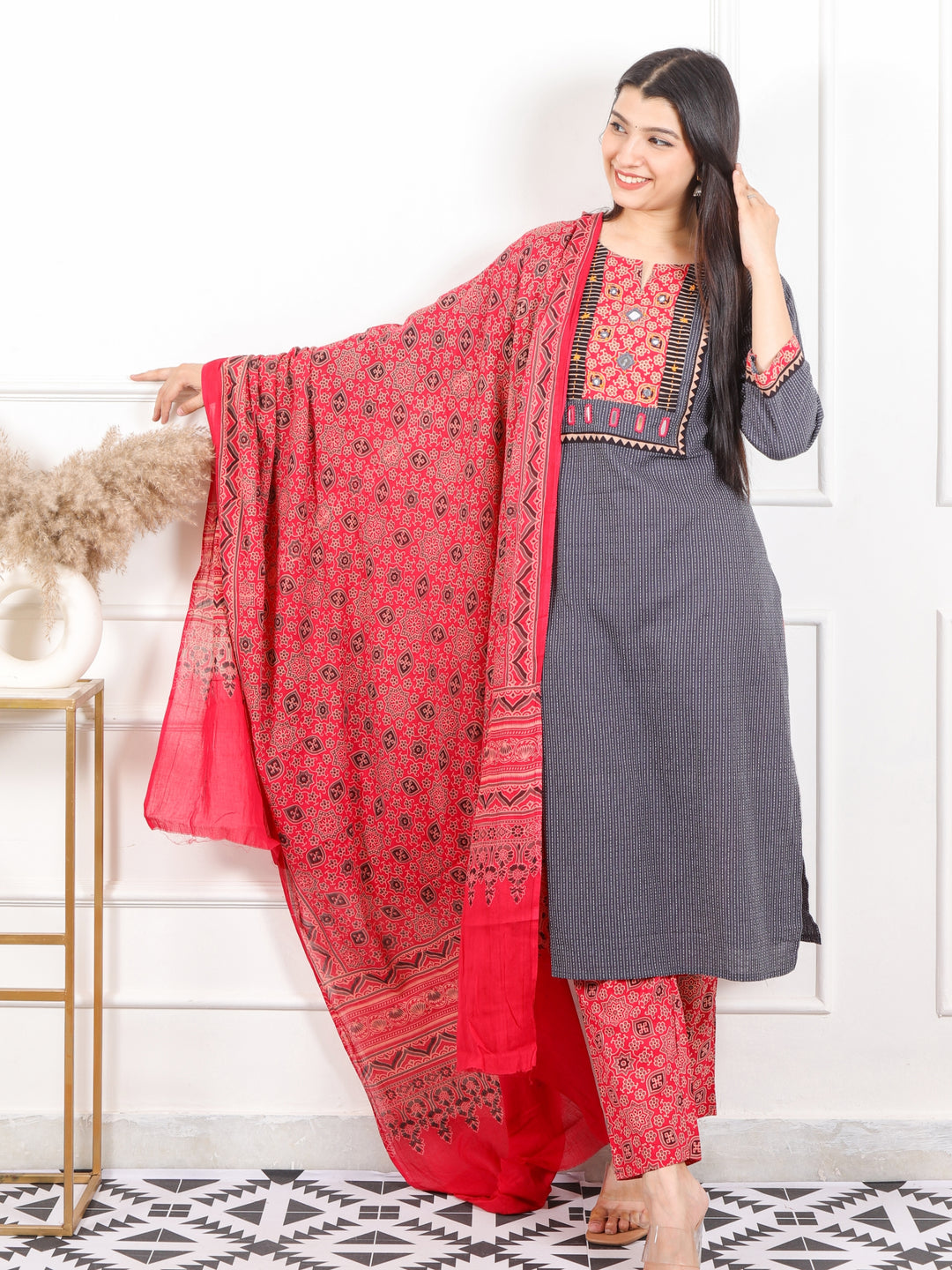 Kush Fossil Grey Mirror Neck in Running Stitch Cotton 3 Piece Set