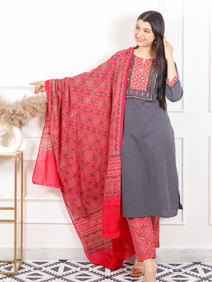 Kush Fossil Grey Mirror Neck in Running Stitch Cotton 3 Piece Set