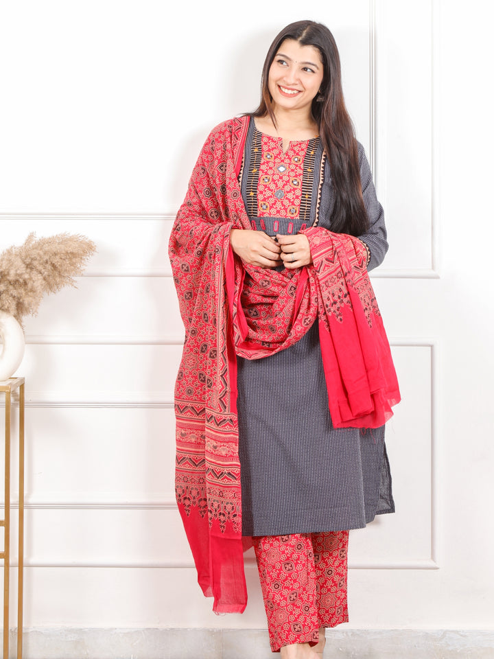 Kush Fossil Grey Mirror Neck in Running Stitch Cotton 3 Piece Set