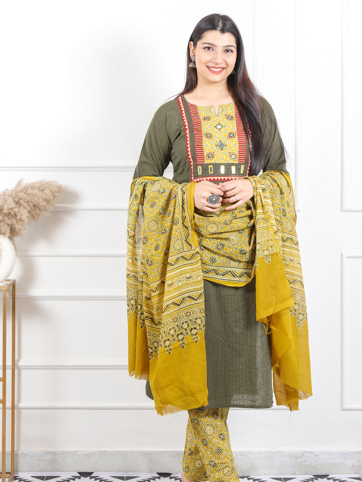 Kush Olive Green Mirror Neck in Running Stitch Cotton 3 Piece Set
