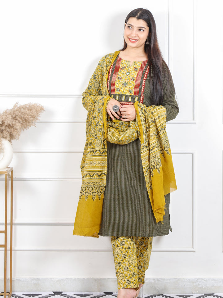 Kush Olive Green Mirror Neck in Running Stitch Cotton 3 Piece Set