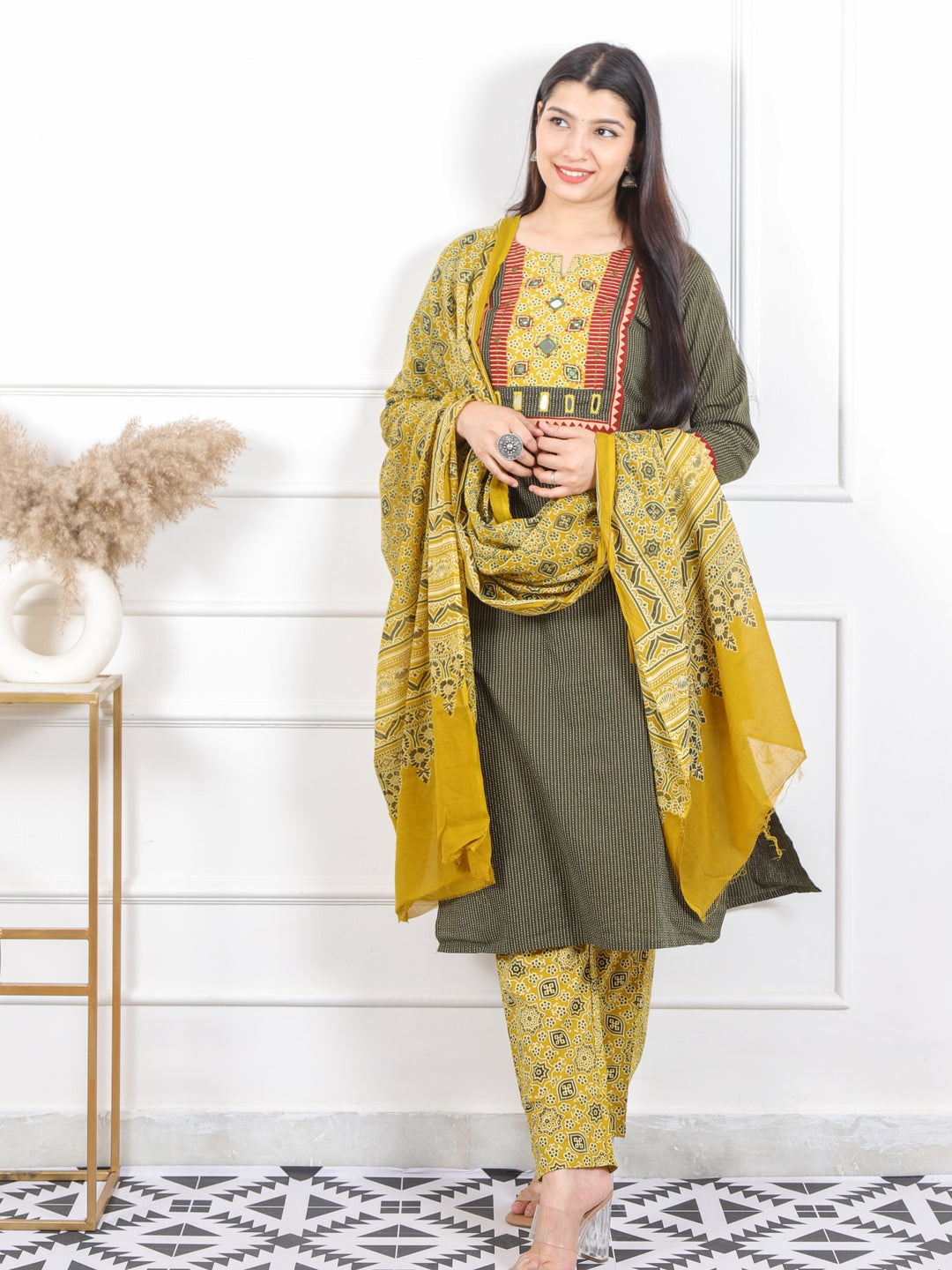 Kush Olive Green Mirror Neck in Running Stitch Cotton 3 Piece Set