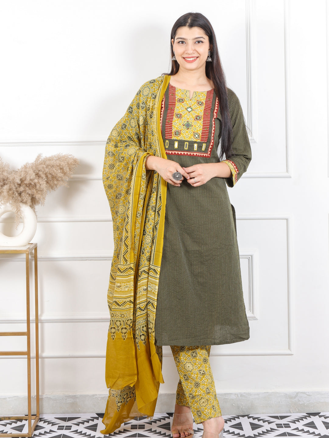 Kush Olive Green Mirror Neck in Running Stitch Cotton 3 Piece Set
