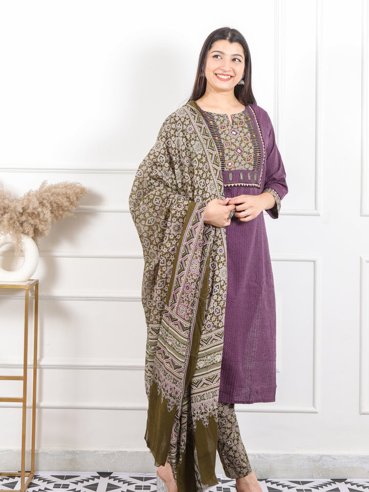 Kush Eggplant Purple Mirror Neck in Running Stitch Cotton 3 Piece Set