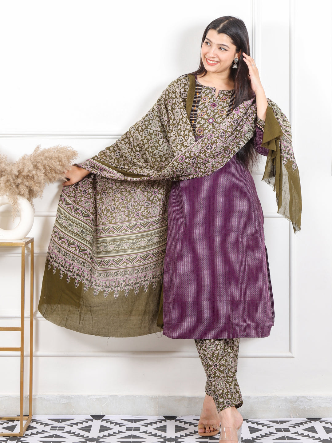 Kush Eggplant Purple Mirror Neck in Running Stitch Cotton 3 Piece Set