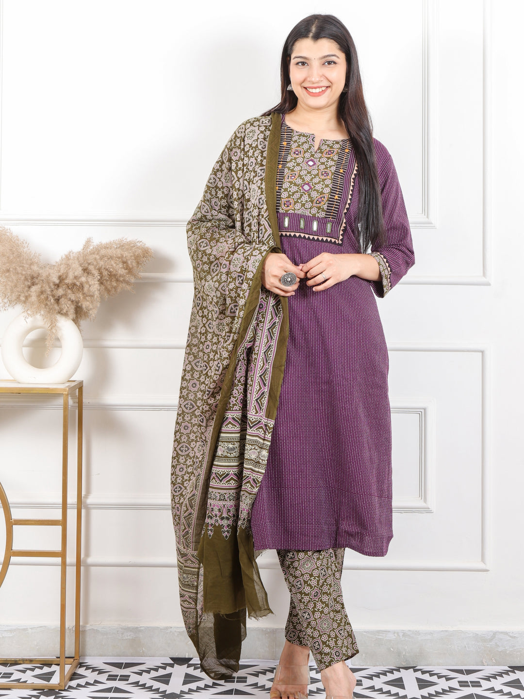 Kush Eggplant Purple Mirror Neck in Running Stitch Cotton 3 Piece Set