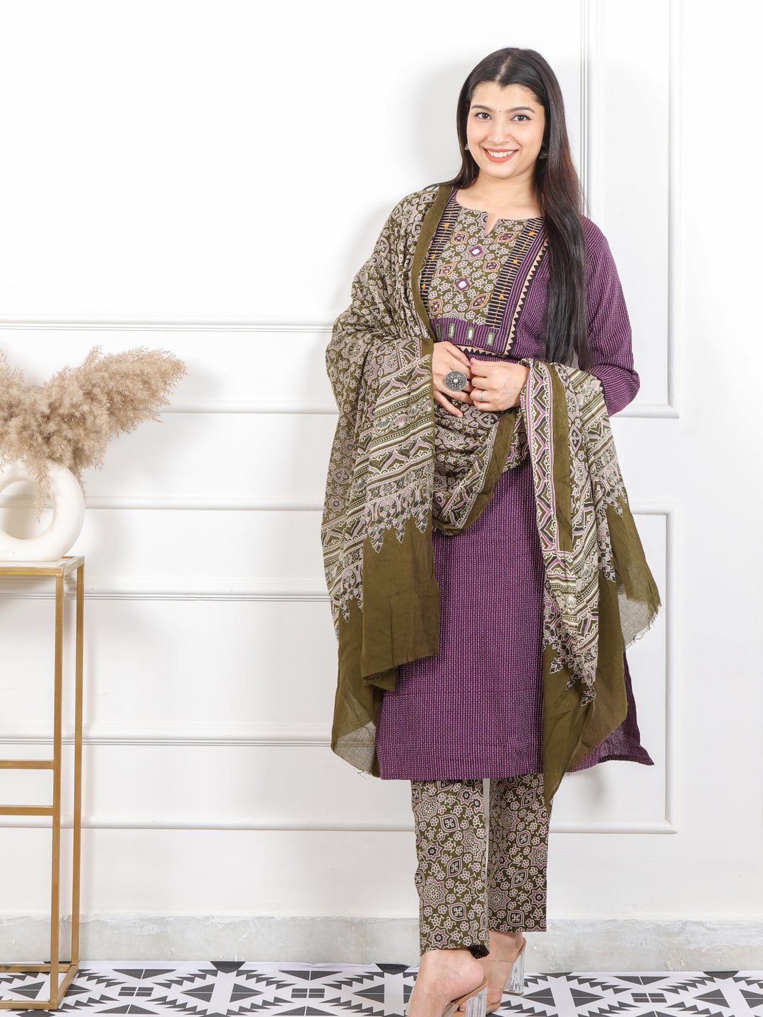 Kush Eggplant Purple Mirror Neck in Running Stitch Cotton 3 Piece Set