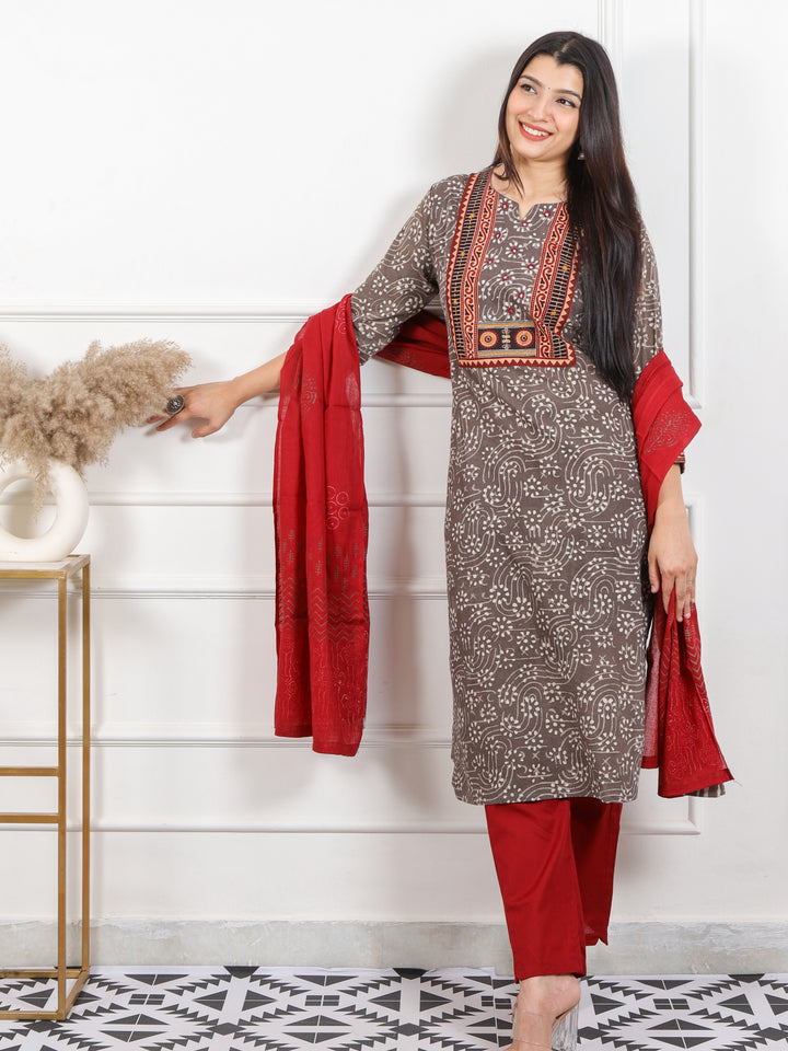 Raavi Tan Sand Latte Kutch Neck Top with Printed Cotton Dupatta 3 Piece Set D2