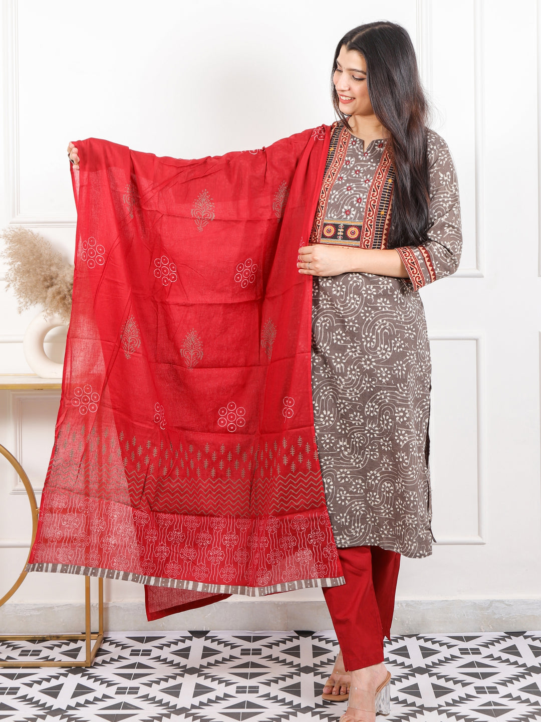 Raavi Tan Sand Latte Kutch Neck Top with Printed Cotton Dupatta 3 Piece Set D2