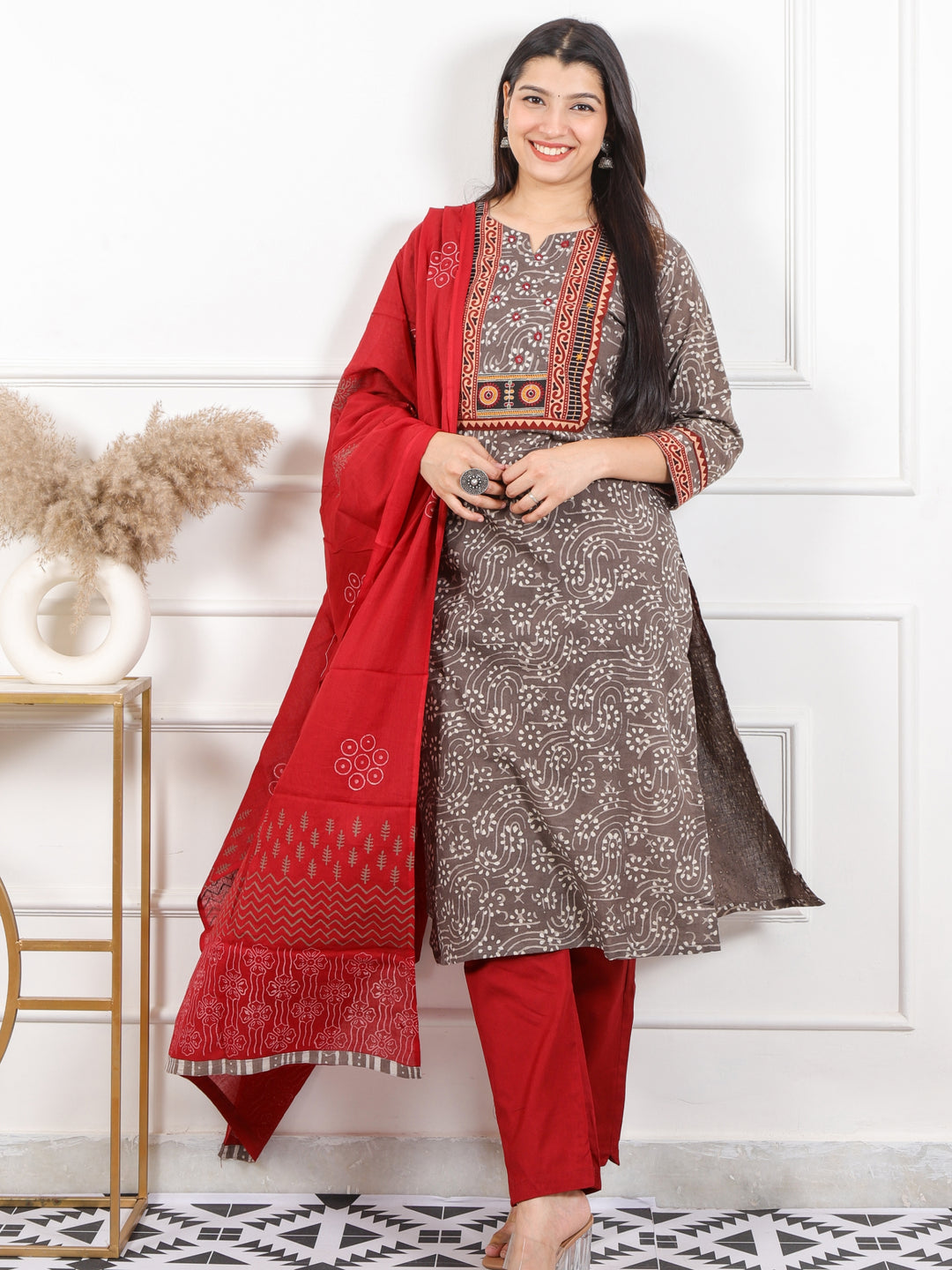 Raavi Tan Sand Latte Kutch Neck Top with Printed Cotton Dupatta 3 Piece Set D2