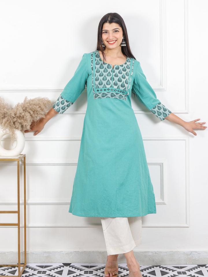 Raavi Sea Blue Kutch Printed Patch Neck Work Cotton Flex Kurti