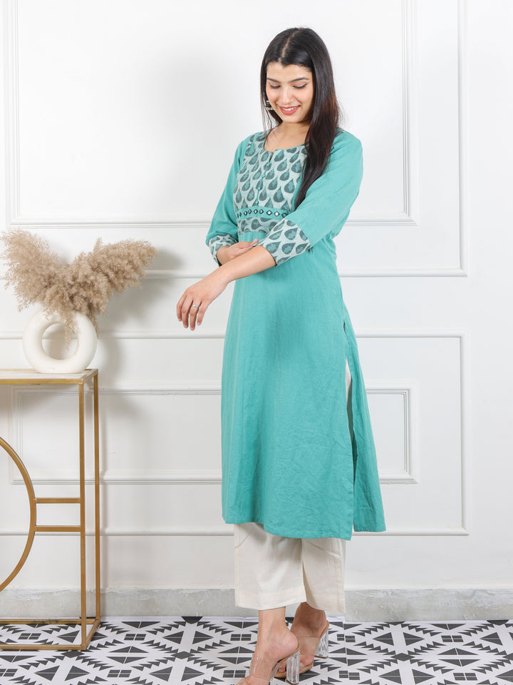 Raavi Sea Blue Kutch Printed Patch Neck Work Cotton Flex Kurti