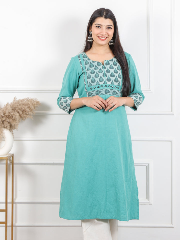 Raavi Sea Blue Kutch Printed Patch Neck Work Cotton Flex Kurti