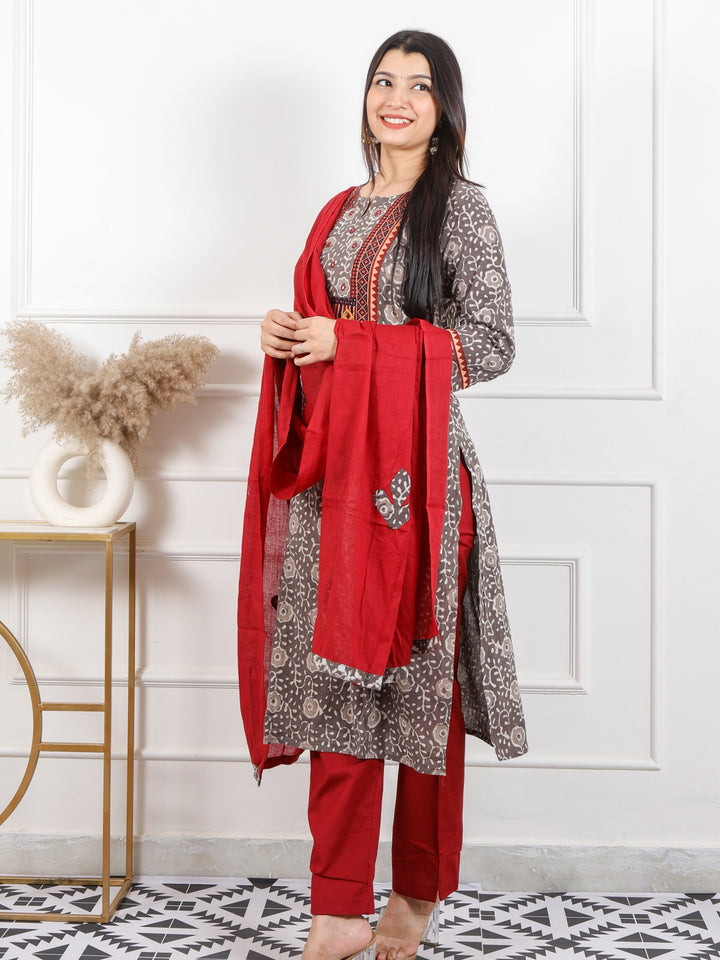 Raavi Tan Sand Latte Kutch Neck Top with Applique Cotton Dupatta 3 Piece Set-D1