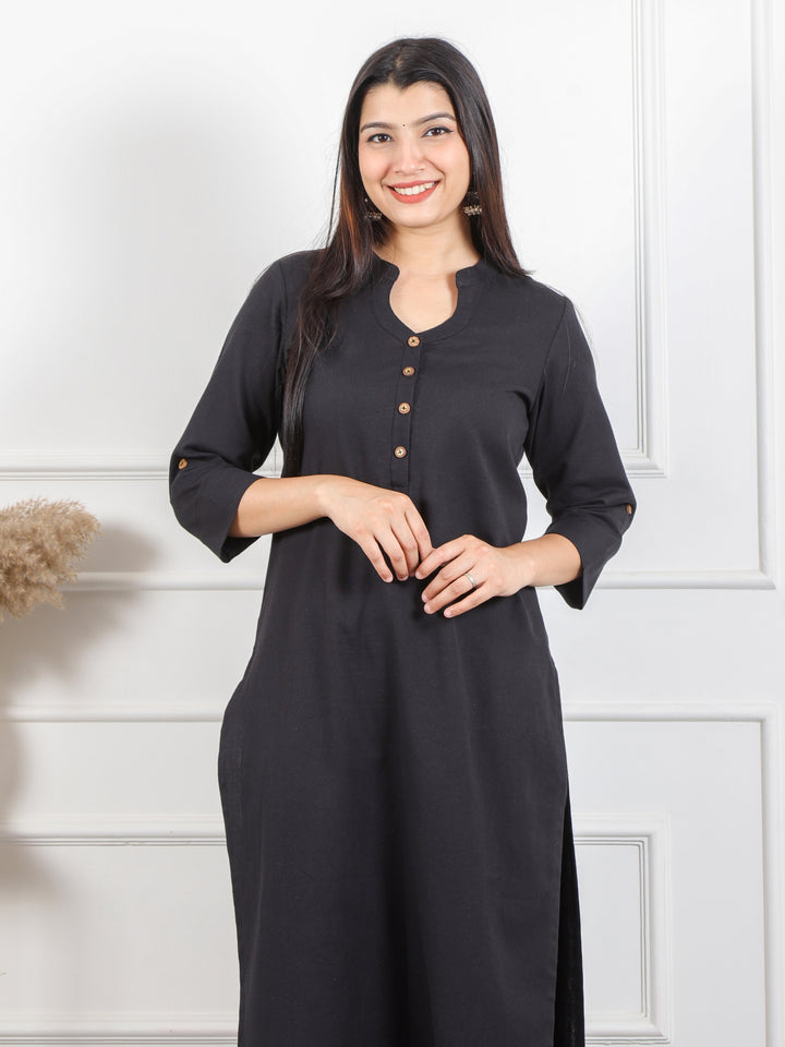 Ibaab Black Chinese Collar with Button Work Cotton Flex Co-ord Set