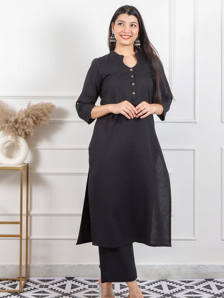 Ibaab Black Chinese Collar with Button Work Cotton Flex Co-ord Set