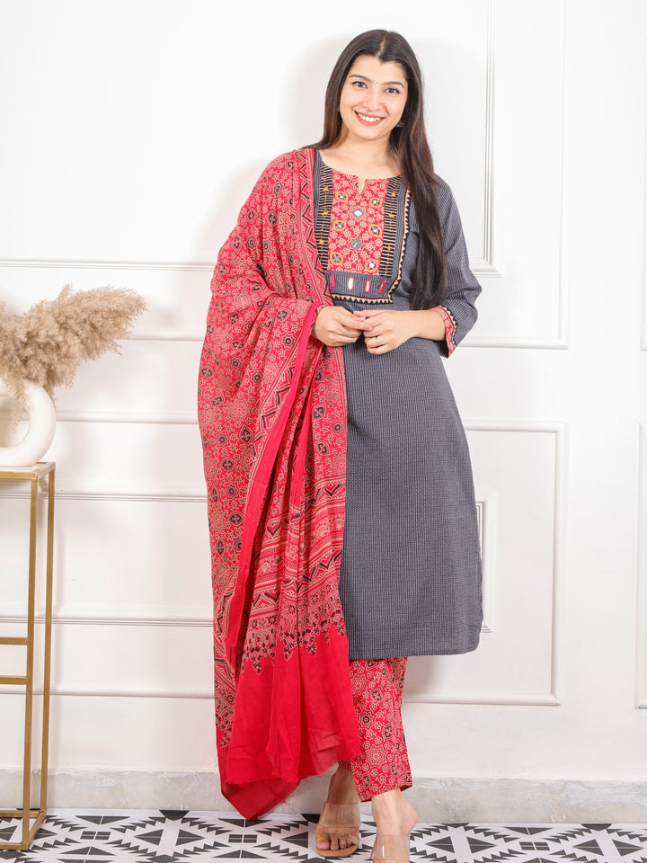 Kush Fossil Grey Mirror Neck in Running Stitch Cotton 3 Piece Set