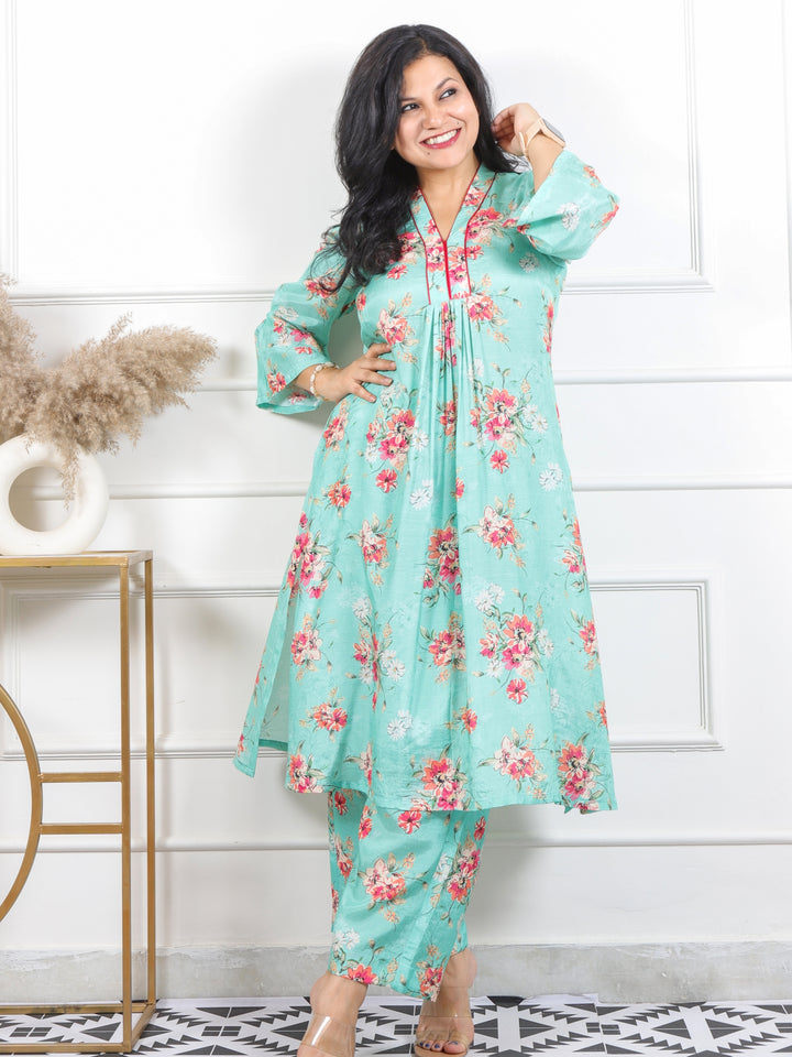 Kinara Teal Aqua Blue Floral Printed Pure Muslin Co-ord Set