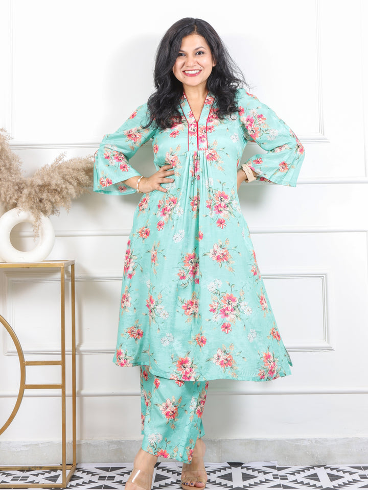 Kinara Teal Aqua Blue Floral Printed Pure Muslin Co-ord Set