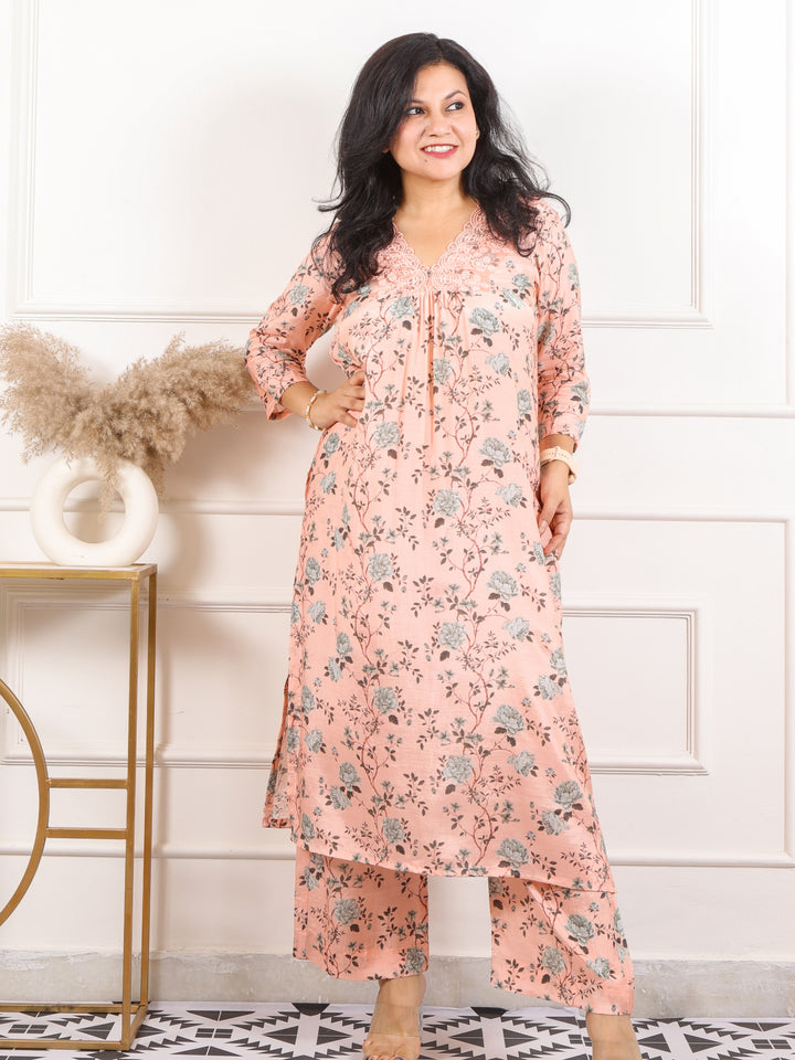 Kinara Baby Peach V Neck Lace Floral Printed Pure Muslin Co-ord Set