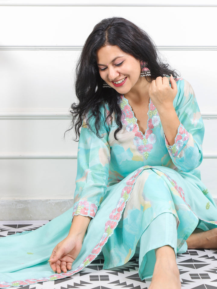 Kashish Candy Blue V Neck Floral Thread Cut Work Muslin 3 Piece Set
