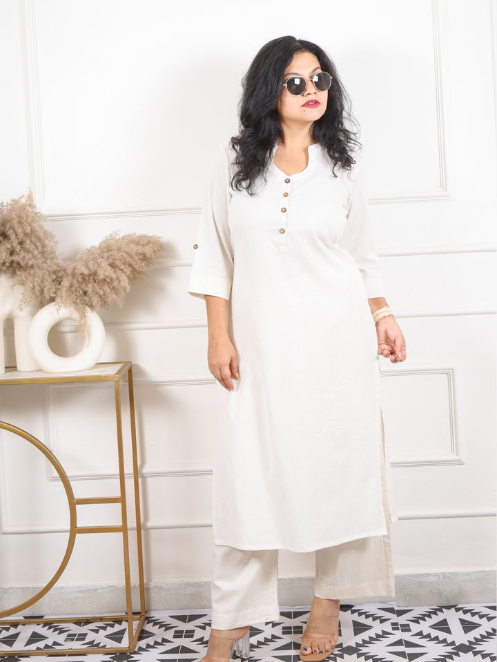 Ibaab White Chinese Collar with Button Work Cotton Flex Co-ord Set