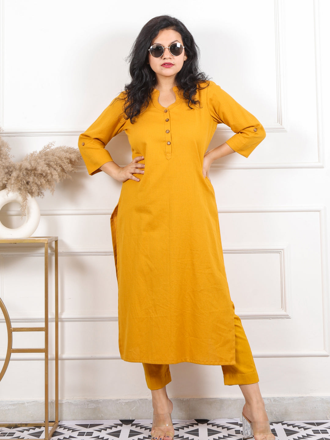 Ibaab Yellow Chinese Collar with Button Work Cotton Flex Co-ord Set