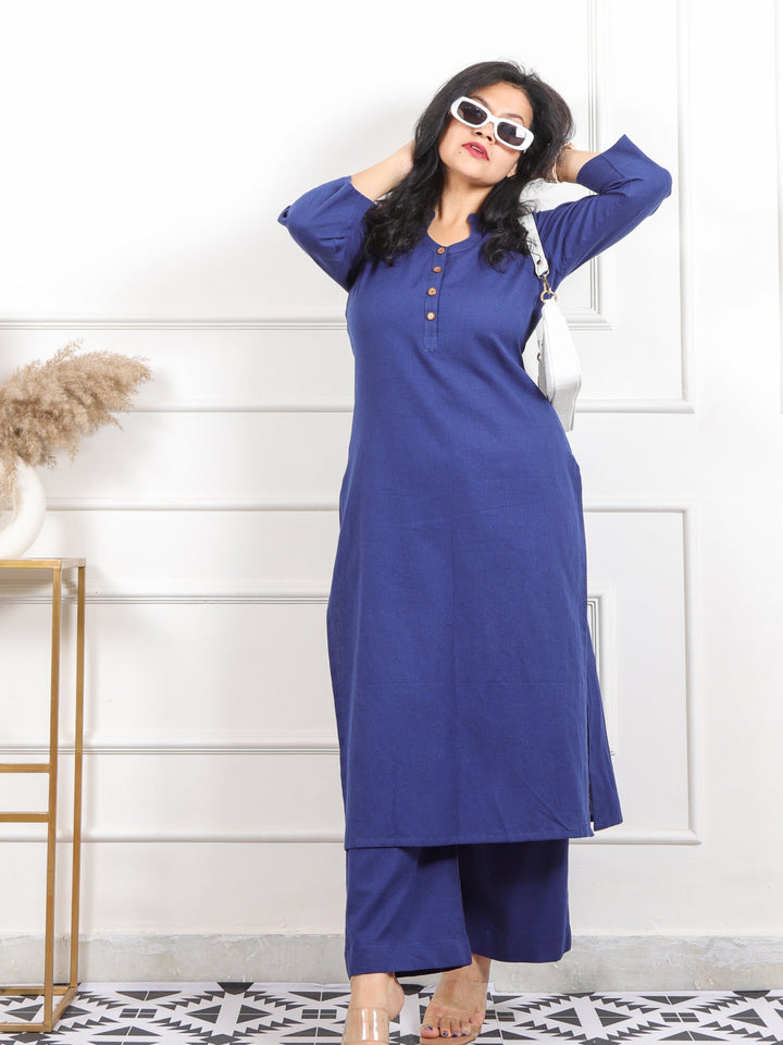 Ibaab Blue Chinese Collar with Button Work Cotton Flex Co-ord Set