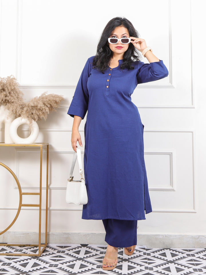 Ibaab Blue Chinese Collar with Button Work Cotton Flex Co-ord Set