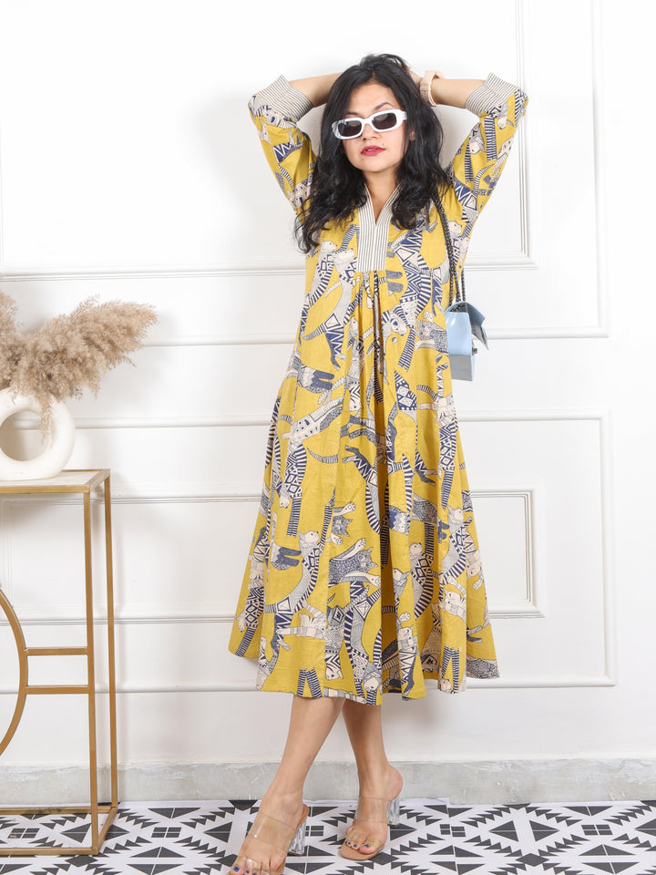 Kinara Pine Yellow Egyptian Printed Cotton Flared Dress