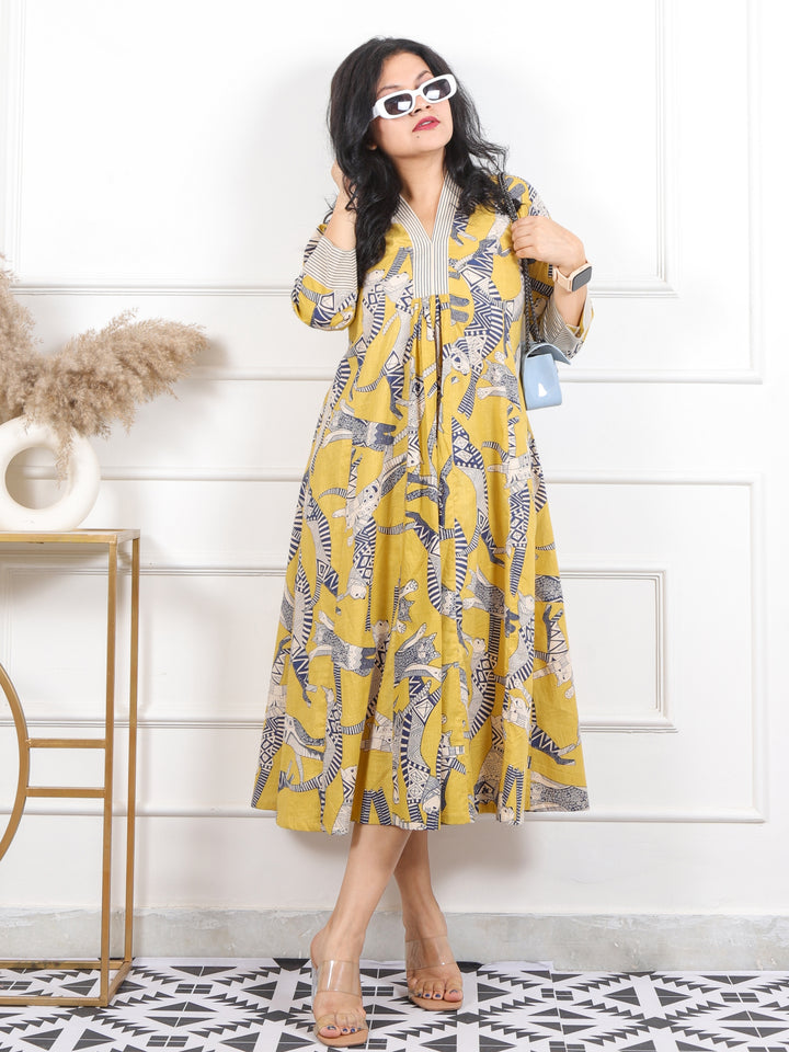 Kinara Pine Yellow Egyptian Printed Cotton Flared Dress