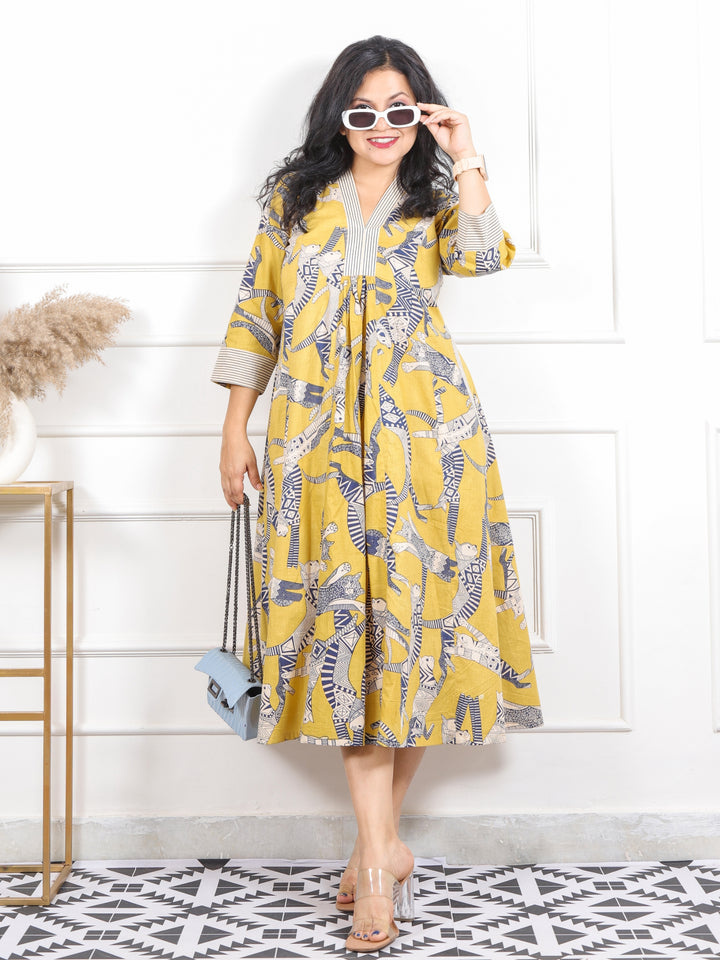 Kinara Pine Yellow Egyptian Printed Cotton Flared Dress