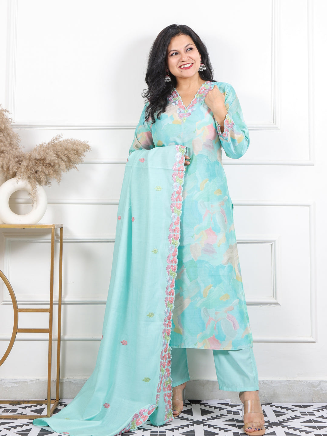 Kashish Candy Blue V Neck Floral Thread Cut Work Muslin 3 Piece Set
