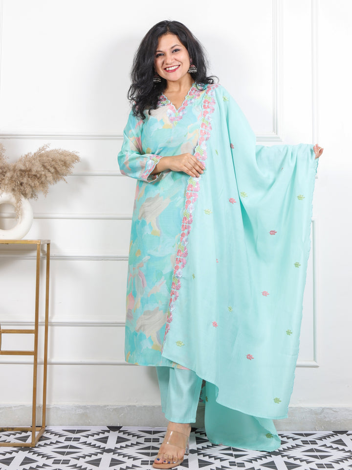 Kashish Candy Blue V Neck Floral Thread Cut Work Muslin 3 Piece Set