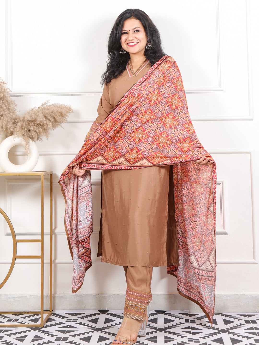 Kashish Soft Brown V Neck Thread with Patra Work Modal 3 Piece Set