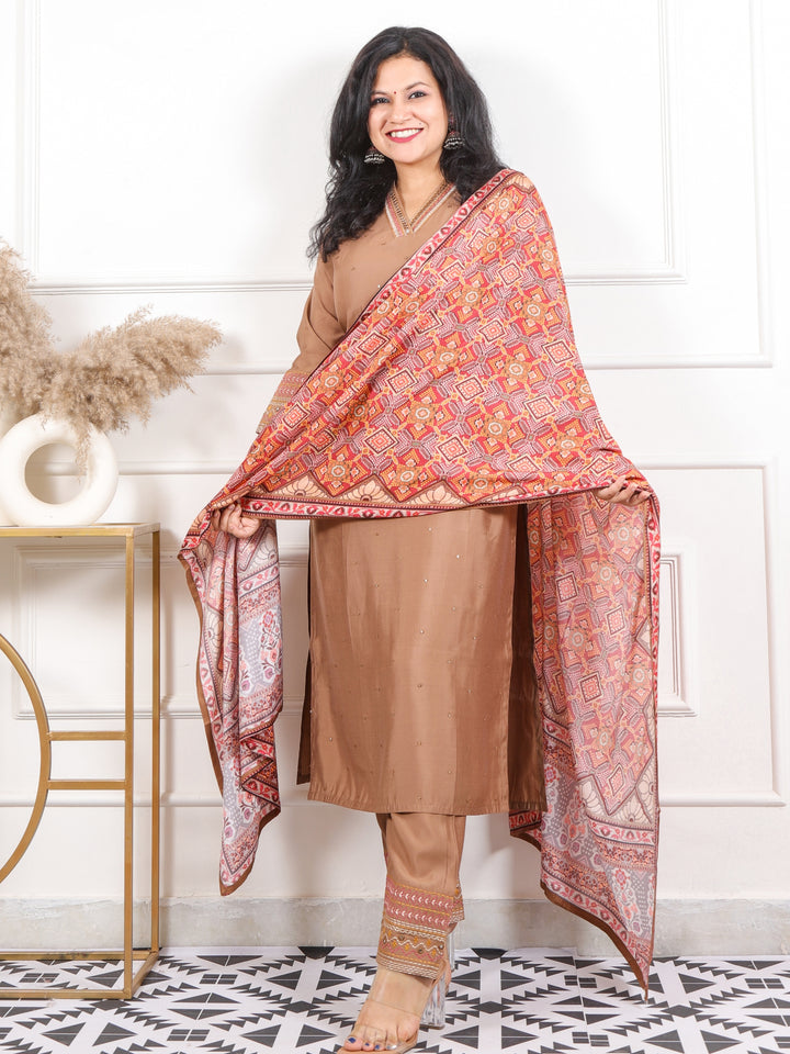 Kashish Soft Brown V Neck Thread with Patra Work Modal 3 Piece Set