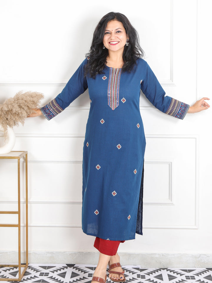 Kashish Dark Blue Thread Work with Patra Detailing Cotton Kurti