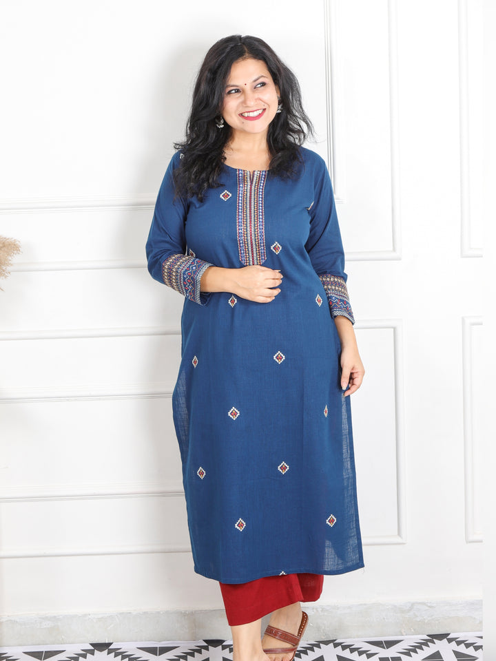 Kashish Dark Blue Thread Work with Patra Detailing Cotton Kurti