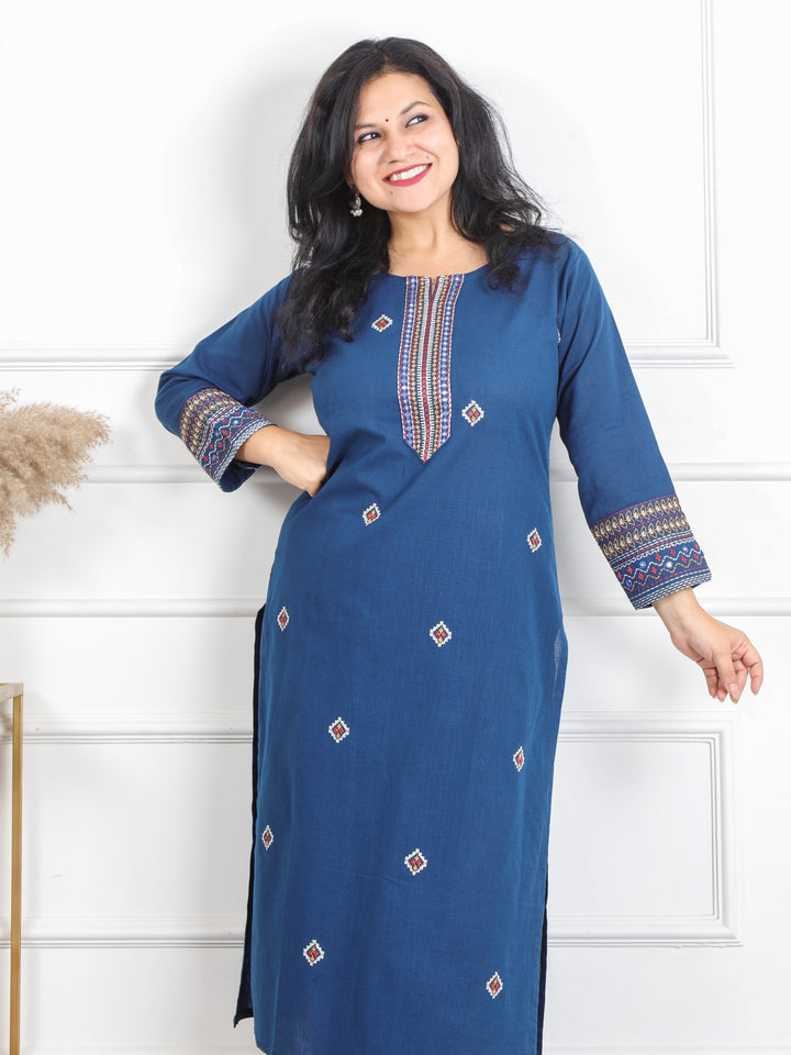 Kashish Dark Blue Thread Work with Patra Detailing Cotton Kurti
