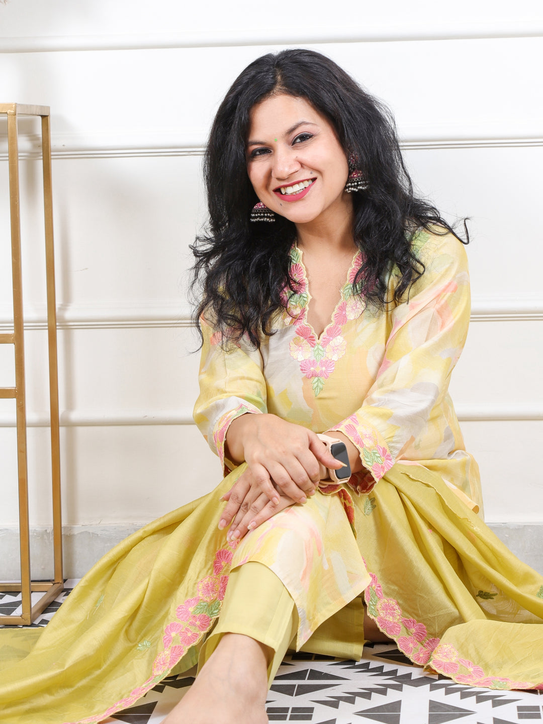 Kashish Butter Yellow V Neck Floral Thread Cut Work Muslin 3 Piece Set