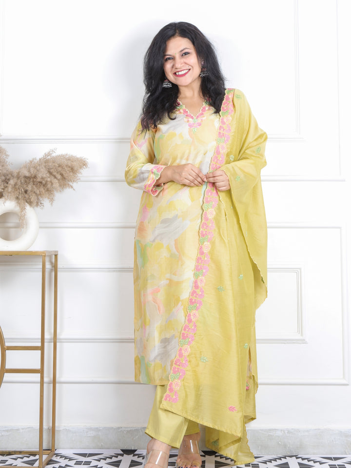 Kashish Butter Yellow V Neck Floral Thread Cut Work Muslin 3 Piece Set